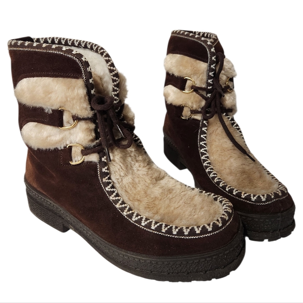 Vintage Italian Apres Ski Boots Brown Suede Faux Fur Size 7 EUC